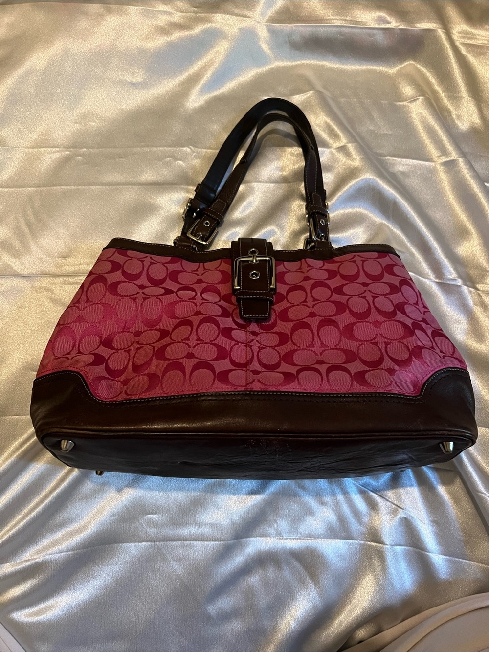 Coach Pink Signature Canvas Tote with Dark Brown Leather Accents
